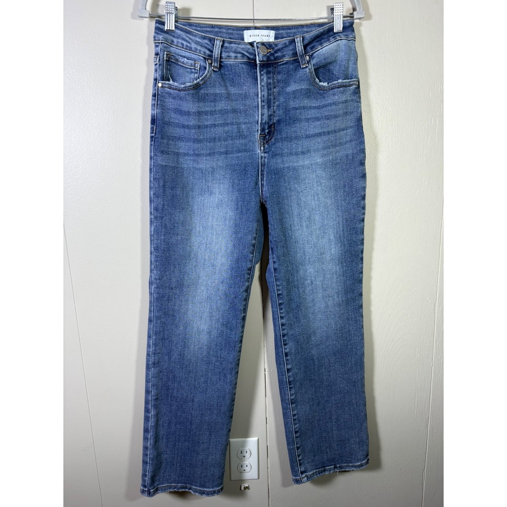 Risen Jeans Medium Wash High Rise Straight Leg Ankle Crop Raw Hem Jeans 13/31